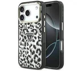 Guess Leopard Glitter Triangle Logo černá / Zadní kryt / MagSafe / iPhone 17 Pro, 18 Pro