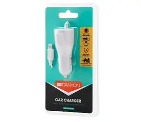 Canyon C-033 bílá / Autonabíječka / 1x USB / integrovaný kabel Lightning / výstup 5V/2,4A / Smart IC