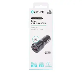 eSTUFF INFINITE černá / USB autonabíječka / USB-C 20 W / USB-A 18 W / Quick Charge 3.0