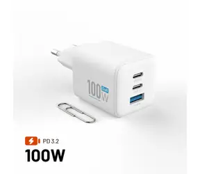 FIXED Mini 100 W bílá / Síťová GaN nabíječka / 2x USB-C + USB-A / PD 3.2