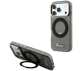 Guess IML Ring Stand 360 Script Metal MagSafe černá / Zadní kryt / iPhone 17/18 Pro Max / Otočný stojánek