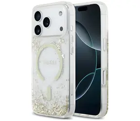 Guess Resin Bottom Glitter MagSafe zlatá / Zadní kryt / MagSafe / iPhone 18 Pro, 17 Pro