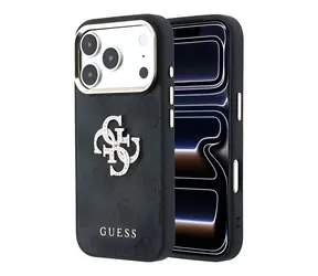 Guess PU 4G Strass Metal Logo iPhone 18 Pro černá / Zadní kryt / Umělá kůže / Kovové logo