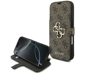Guess Book 4G Metal Logo hnědá / Knížkové pouzdro / pro iPhone 18 Pro a 17 Pro / kovové logo