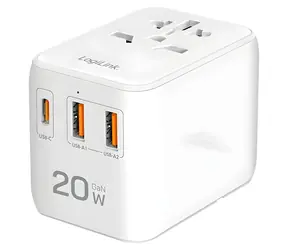 LogiLink Slim nabíječka bílá / Nabíječka / GaN / 20 W / 2x USB-A QC / USB-C PD / 3 porty