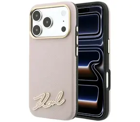 Karl Lagerfeld Grained with Resin Signature Logo růžová / Zadní kryt / MagSafe / iPhone 17 Pro Max, 18 Pro Max