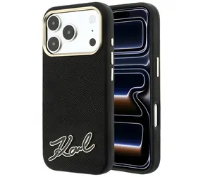 Karl Lagerfeld Grained with Resin Signature Logo černá / Zadní kryt / MagSafe / iPhone 17 Pro Max, 18 Pro Max