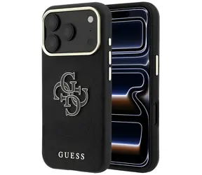 Guess Grained & Big Resin Logo černá / Zadní kryt / iPhone 18 Pro, 17 Pro