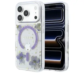 Guess Resin Flowers Glitter MagSafe fialová / Zadní kryt / MagSafe / iPhone 18 Pro Max, 17 Pro Max