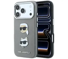 Karl Lagerfeld Saffiano Karl & Choupette Heads Pins & Logo šedá / Zadní kryt / iPhone 18 Pro a 17 Pro