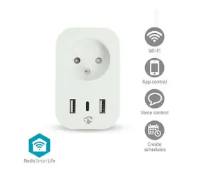 Nedis SmartLife Chytrá Zásuvka / Wi-Fi / IP21 / Měřič výkonu / 3680 W / 1x USB-C / 2x USB 