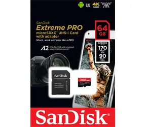 SanDisk Extreme Pro microSDXC 64GB / UHS-I U3 V30 / čtení: 170 MBs / zápis: 90MBs / vhodné pro 4K