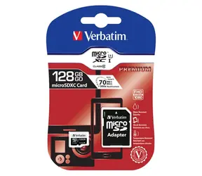 Verbatim MicroSDXC 128 GB pamětová karta s SD adaptérem / Class 10 / R: 90 MBps / W: 10 MBps