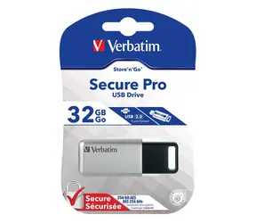 Verbatim Store 'n' Go Secure Pro 32GB stříbrná / Flash Disk / USB 3.0 / čtení: 100MBs / zápis: 35MBs / 256-bit AES