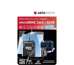 AgfaPhoto MicroSDHC Professional 32GB + Adaptér / R:100 MB/s / W:50 MB/s / Class V30 