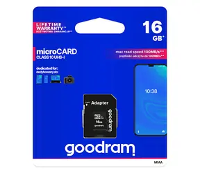 Rozbaleno - GOODRAM microSDHC 16GB + adaptér / Class 10 / UHS-I U1 / R: 100 MBs / W:10 MBs / rozbaleno