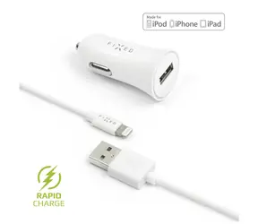 FIXED Autonabíječka s odnímatelným Lightning kabelem bílá / 2.4A