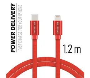 SWISSTEN TEXTILE datový kabel USB-C - Lightning 1.2m červená