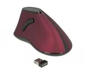 Delock ergonomická vertikální myš červená / Optický senzor / bezdrátová / 1000 DPI / 4 tlačítka / 1xAA