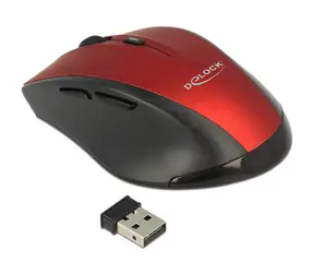 Delock ergonomická optická myš červená / Optický senzor / bezdrátová / 1600 DPI / 5 tlačítek / 1xAA