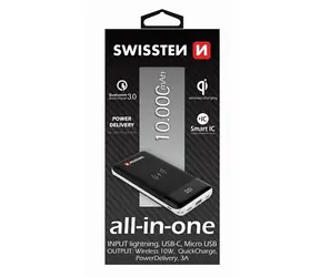 SWISSTEN ALL-IN-ONE 10000 mAh černá / Power Bank / bezdrátové nabíjení 10W / 5V / 1.5A / USB-C vstup