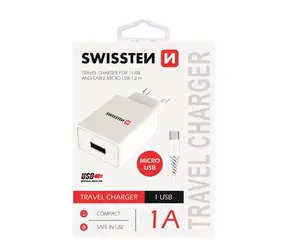 SWISSTEN SMART IC síťový adaptér 1x USB 1A POWER + datový kabel USB - microUSB 1.2m bílá