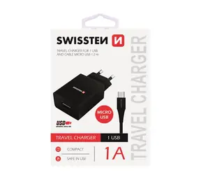 SWISSTEN SMART IC síťový adaptér 1x USB 1A POWER + datový kabel USB - microUSB 1.2m černá