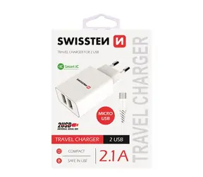 SWISSTEN SMART IC síťový adaptér 2x USB 2.1A POWER + datový kabel USB - microUSB 1.2m bílá