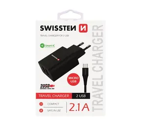 SWISSTEN SMART IC síťový adaptér 2x USB 2.1A POWER + datový kabel USB - microUSB 1.2m černá