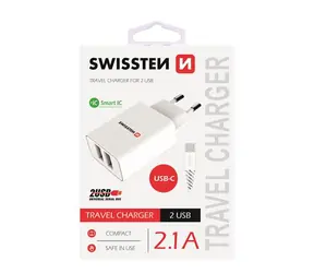 SWISSTEN SMART IC síťový adaptér 2x USB 2.1A POWER + datový kabel USB - USB-C 1.2m bílá