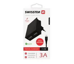 SWISSTEN SMART IC síťový adaptér 2x USB 3A POWER + datový kabel USB - Lightning 1.2m černá