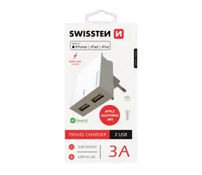 SWISSTEN SMART IC síťový adaptér 2x USB 3A POWER + datový kabel USB - Lightning MFi 1.2m bílá