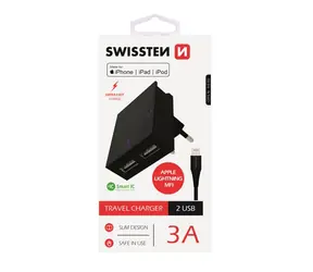 SWISSTEN SMART IC síťový adaptér 2x USB 3A POWER + datový kabel USB - Lightning MFi 1.2m černá