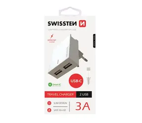 SWISSTEN SMART IC síťový adaptér 2x USB 3A POWER + datový kabel USB - USB-C 1.2m bílá