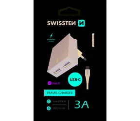 SWISSTEN SMART IC síťový adaptér 2x USB 3A POWER + datový kabel USB - USB-C 1.2m černá
