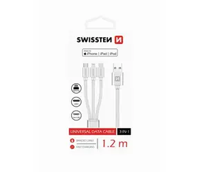 SWISSTEN TEXTILE 3in1 datový kabel MFi 1.2m stříbrná