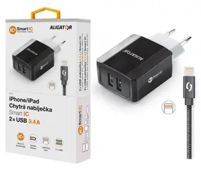 Aligator Chytrá síťová nabíječka 3.4A  kabel pro Apple iPhone & iPad 2A černá/ 2xUSB / smart IC