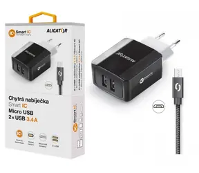 Aligator Chytrá síťová nabíječka 3.4A micro USB kabel 2A černá/ 2xUSB / smart IC