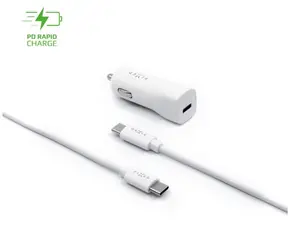 FIXED USB-C autonabíječka + USB-C na USB-C kabel bílá / 18W / 1x USB-C / Power Delivery / do autozapalovače