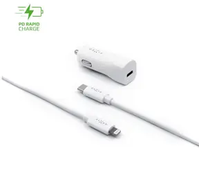 FIXED USB-C autonabíječka + USB-C na Lightning kabel bílá / 18W / 1x USB-C / Power Delivery / MFI / kabel 1 m
