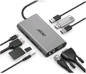 Acer USB-C Dongle 10-in-1 stříbrná / 3xUSB 3.0 / 3xUSB-C PD / HDMI / VGA / LAN / čtečka SD+microSD karet 