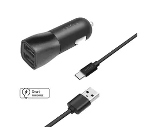 FIXED Set autonabíječky 15W s 2xUSB výstupem a USB - USB-C kabelu 1m černá / Smart Rapid Charge