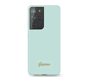 GUESS Silicone Metal Logo Script Zadní Kryt pro Samsung Galaxy S21 Ultra světle modrá