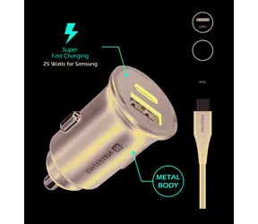 SWISSTEN CL adaptér  2x USB+ USB-C kabel 25W černá / SUPER CHARGE 25W 