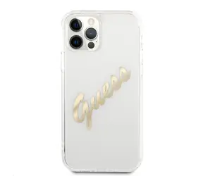 GUESS PU Vintage Script Gold Logo Zadní Kryt pro Apple iPhone 12 Pro Max transparentní