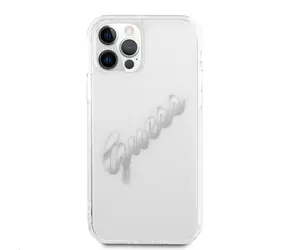 GUESS PU Vintage Script Silver Logo Zadní Kryt pro Apple iPhone 12 & 12 Pro transparentní
