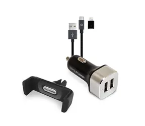 RealPower Mobile Car Set / Držák telefonu a 2 portová USB nabíječka / microUSB na Lightning