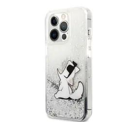 Karl Lagerfeld Liquid Glitter Choupette Eat Zadní Kryt pro Apple iPhone 13 Pro Max stříbrná