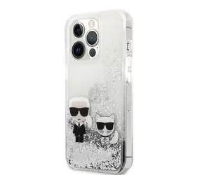 Karl Lagerfeld Liquid Glitter Karl and Choupette Zadní Kryt pro Apple iPhone 13 Pro stříbrná