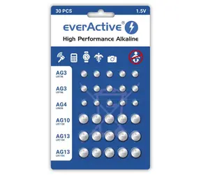 EverActive Alkalické knoflikové baterie sada 30 ks / 10xG3(LR41) / 5xG4(LR626) / 5xG10(LR1130) / 10xG13(LR1154)